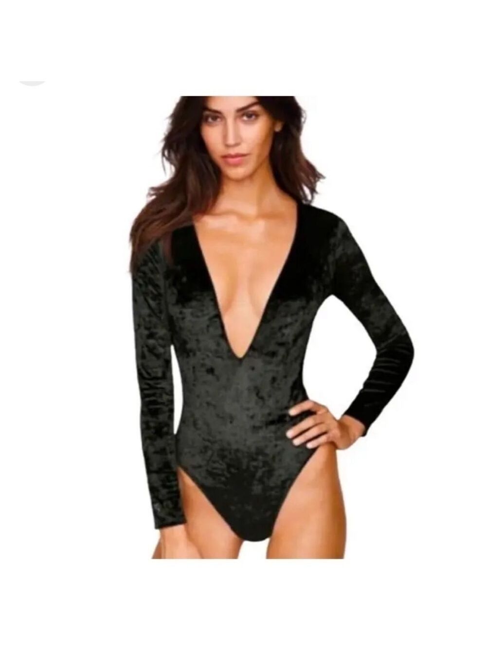 Victoria’s Secret M/L Deep V Open Back Black Velvet Bodysuit